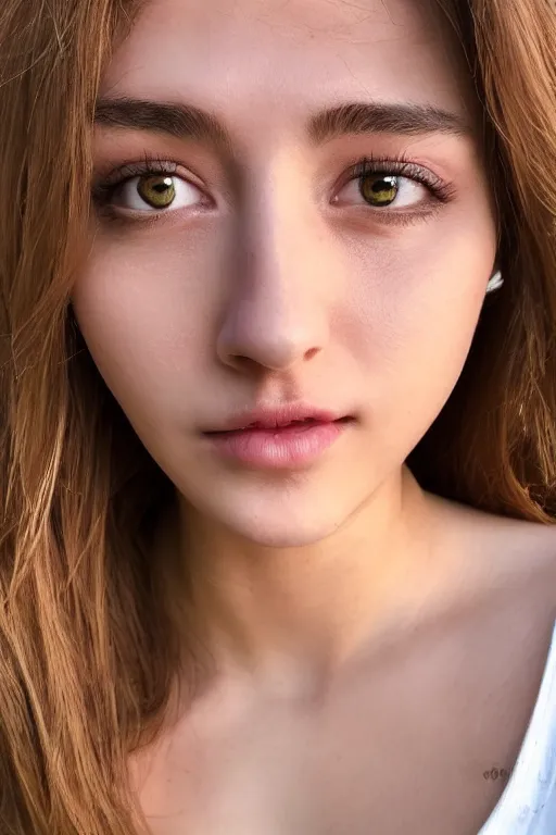 Prompt: 2 4 year old female wearing white v - neck top, neck zoomed in from lips down, photo realistic, extreme detail skin, no filter, slr, golden hour, 4 k, high definition, photograph, selfie