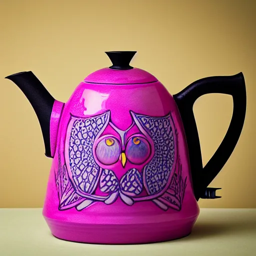 Prompt: still life photograph of an owl kettle with a magenta handle, glazed ceramic, tilt shift, very beautiful, global illumination, intricate linework, short spout