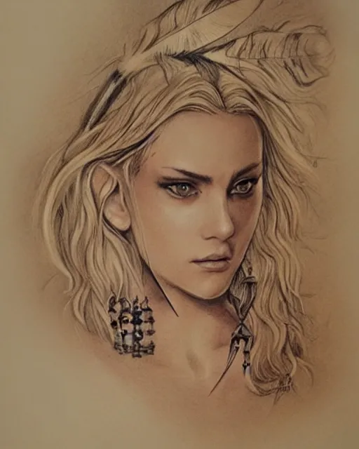 Prompt: tattoo sketch of beautiful greek goddess aphrodite with arrowhead earrings, beautiful feather jewelry, beautiful piercing eyes, flowing blonde hair, realistic face, hyper realistic, in the style of greg rutkowski, fantasy, amazing detail, epic, elegant, smooth, sharp focus, from the front