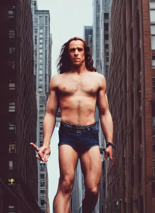 Prompt: portrait of tarzan walk over the street of new york, by charlotte grimm, natural light, detailed face, beautiful features, symmetrical, canon eos c 3 0 0, ƒ 1. 8, 3 5 mm, 8 k, medium - format print, half body shot