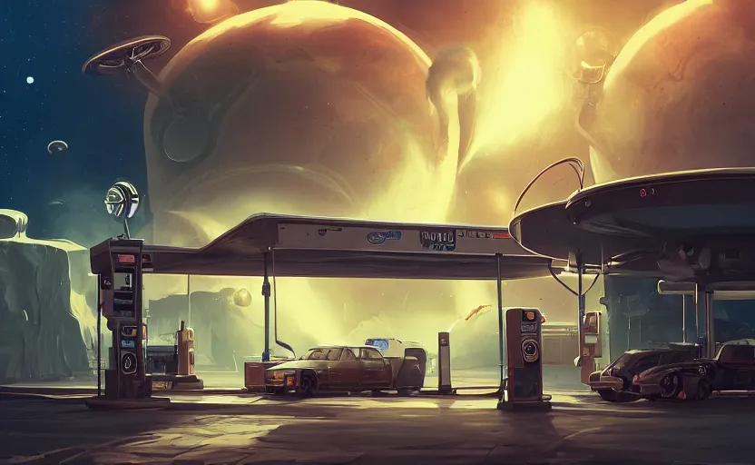 Prompt: gas station in space, 8 k, steampunk, hard edges, zoomed in, very coherent, sharp focus, rim light, exquisite lighting, hard edges, sci - fi, print, cinematic, game art, concept art, trending on artstation