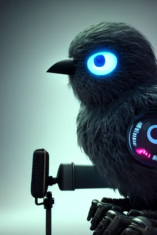 Image similar to high quality 3 d render very cute fluffy cyborg crow! sings into microphone, cyberpunk highly detailed, unreal engine cinematic smooth, in the style of blade runner & detective pikachu, hannah yata charlie immer, moody light, low angle, uhd 8 k, sharp focus