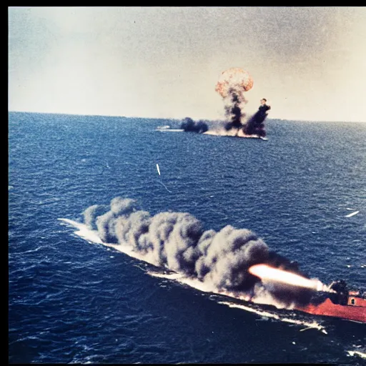 Image similar to view from the deck of a batteship firing a broadside, kamikaze planes diving, world war ii, high resolution colour photo