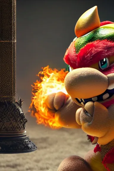 Prompt: very very intricate photorealistic photo of bowser jr in an episode of game of thrones, photo is in focus with detailed atmospheric lighting, award - winning details