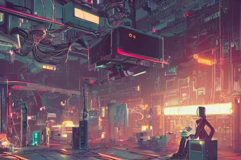 Prompt: detailed robot repair shop, broken robot on ground, broken parts, androids, science-fiction, cyberpunk, neon lights, mist, cables, computer screens, girl working, windows, epic scene, 8k, illustration, art by ghibli and moebius