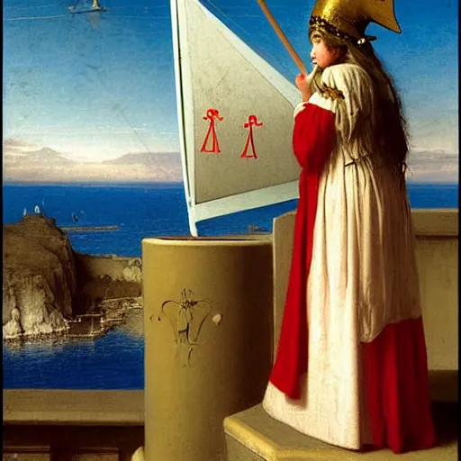 Prompt: A girl with jester hat and clothes on a greek circle archi on the front of a Balustrade with a beach and a sail boat on the background at night, major arcana cards, by paul delaroche and arnold böcklin hyperrealistic 8k, very detailed