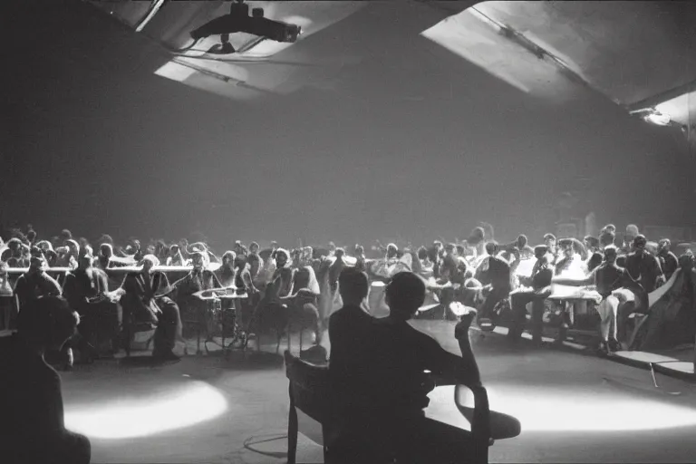 Prompt: view from the stage, back of an audience at the atmospheric and obscure, red neon light, by roger deakins, cinematography, syd mead