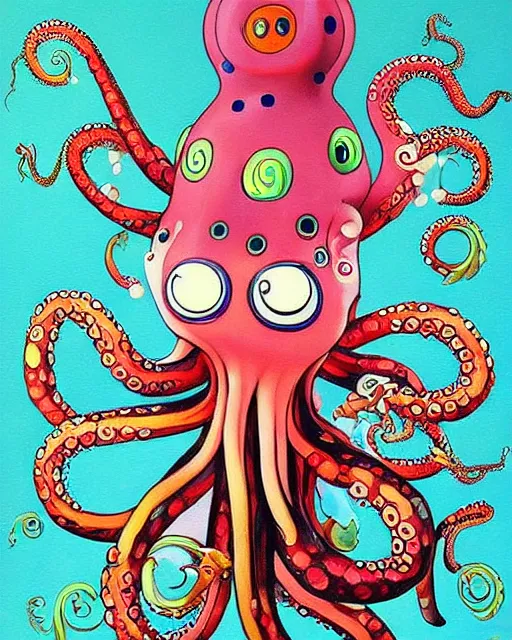 Image similar to Octopus goddess, a painting of a weird creature with a weird hat, a surrealist painting by Yoko d'Holbachie, by Takashi Murakami, by Taro Okamoto, trending on deviantart, pop surrealism, lowbrow, lovecraftian, whimsical