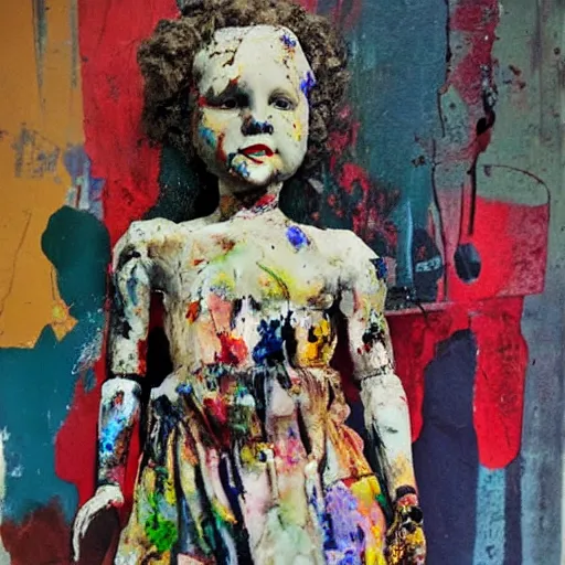 Prompt: artistic dirty art acrylic painting, figure of a doll, paint brushstrokes and squeegeed dirty artwork, art by peter blake, surreal, human figures, low tons colors, world leaders of terror 2 1 th century