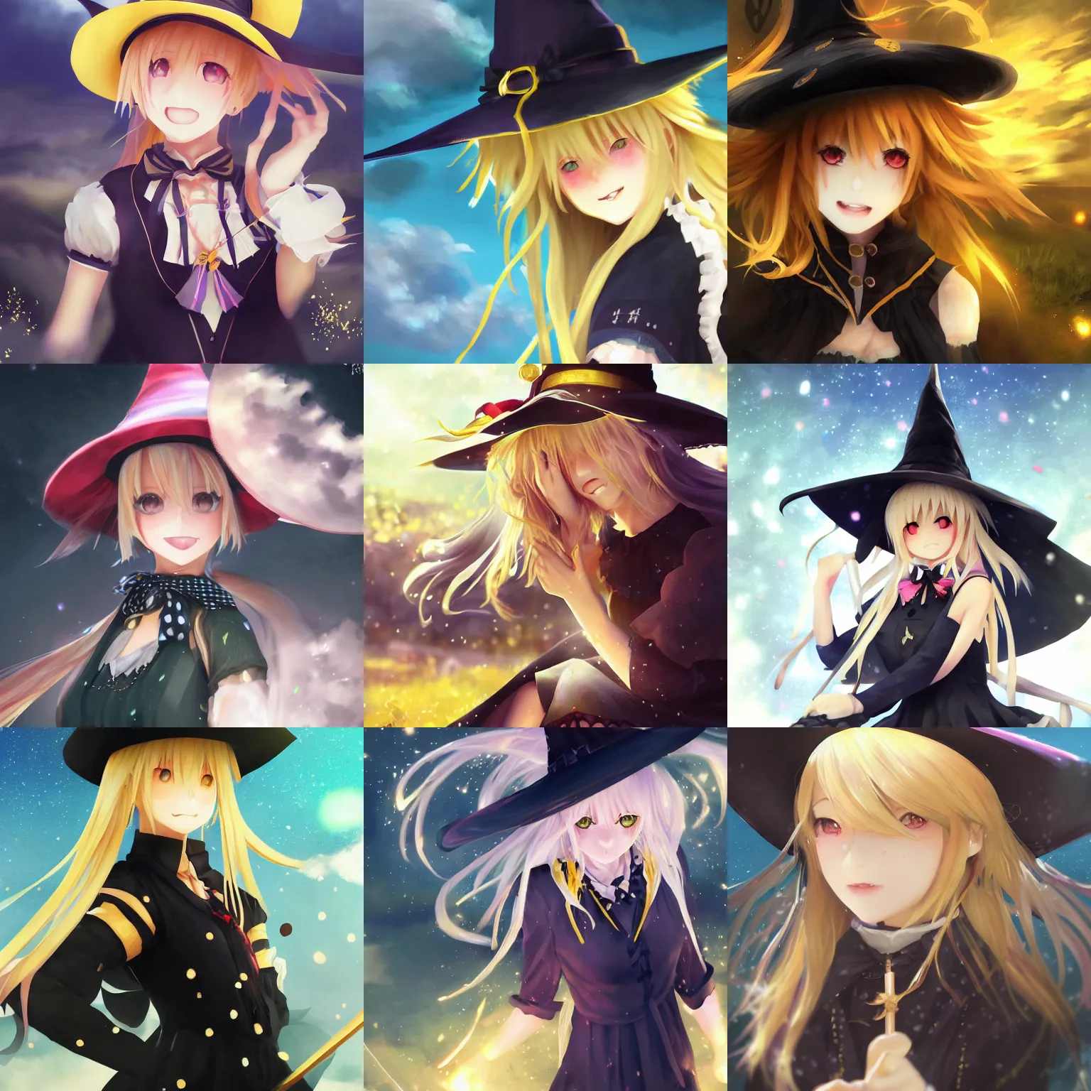 Prompt: pixiv artwork portrait of cute witch marisa kirisame from touhou project, marisa kirisame touhou artwork black hat blonde hair ultradetailed sparkling yellow eyes by greg rutkowski makoto shinkai sakimichan key art 4 k 8 k ultrahd trending award winning scenery