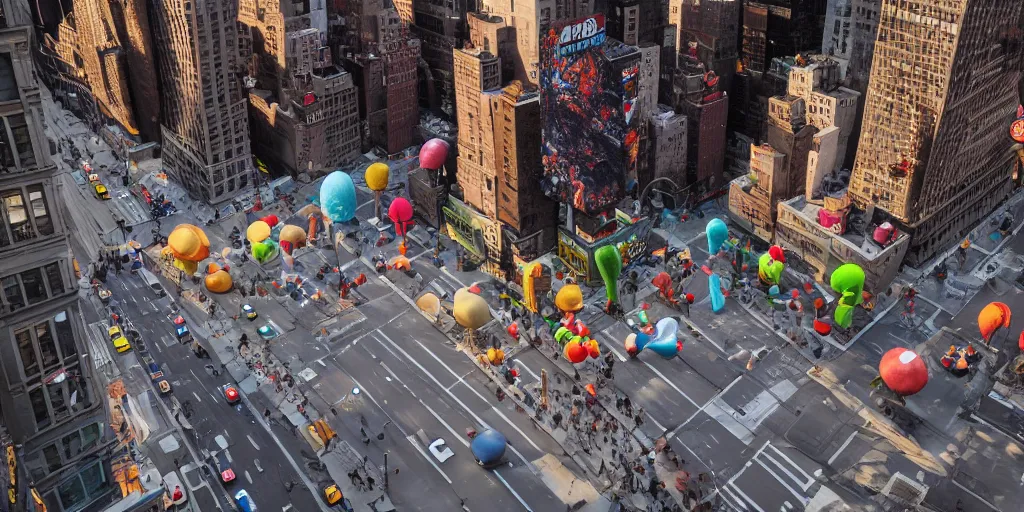 Prompt: an aerial photograph of a giant turd sculpture in the center of a new york street, a large crowd have gathered, by Claes Oldenburg, pop art, 3D render, Volumetric dynamic lighting, Highly Detailed, Cinematic Lighting, Unreal Engine, 8k, HD