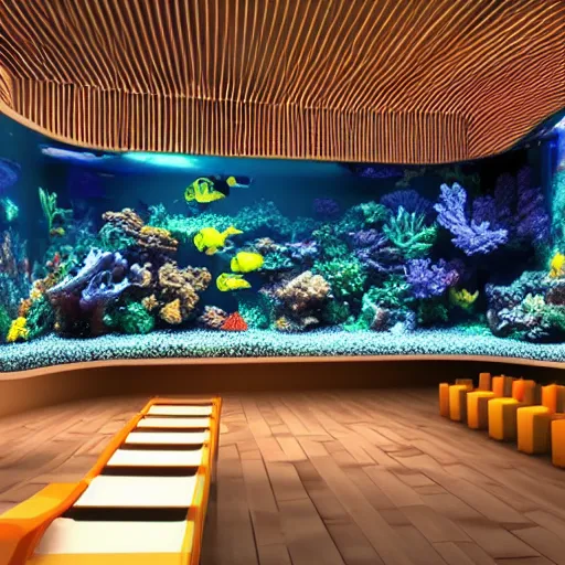 Image similar to realistic designed photo of the big modern room as aquarium with a beautiful fishes and corals, realistic colors, realistic shadows, daylight made by blender and cinema 4 d, 3 d