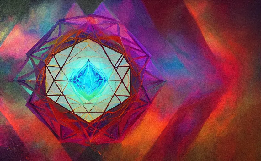 Image similar to a painting of a sacred geometry trending on artstation in the style of greg rutkowski, 3 d, fractal, 4 d, endless, rainbow, geometric tesseract, symmetry, wallpaper, sacred, 5 d, circle, watercolor