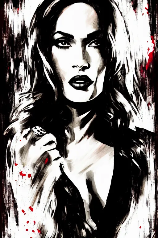 Prompt: dream of a film still from sin city, closeup portrait of film noir megan fox private detective, detailed illustration, digital art, trending on artstation, frank miller, martin ansin, movie poster, paint splatter, gta v,