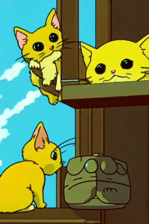 Image similar to a retro videogame showing a small yellow kitten with the belly upwards, studio ghibli anime