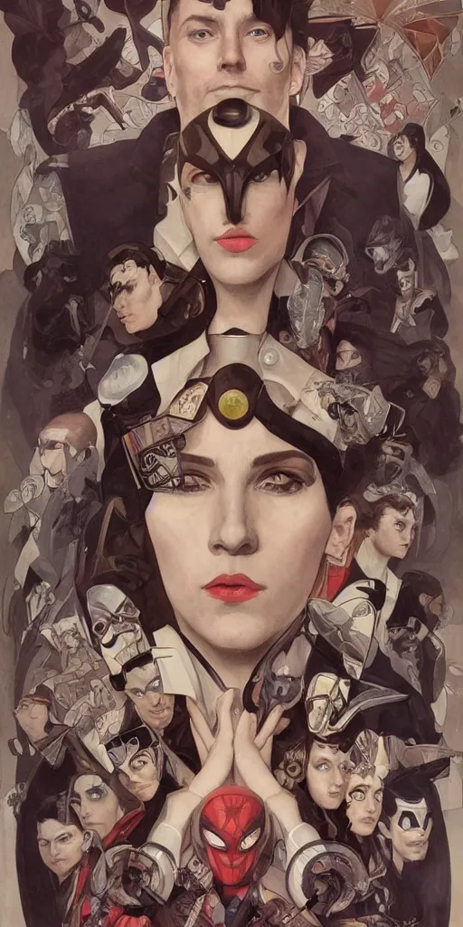 Prompt: Bauhaus portrait of The Umbrella Academy, superhero, intricate, surrealism background, symmetrical duality, hyperrealistic faces, beautiful face, highly detailed, digital painting, artstation, concept art, smooth, sharp focus, illustration, art by artgerm and greg rutkowski and alphonse mucha and Hajime Sorayama, inspired by alexander fedosov