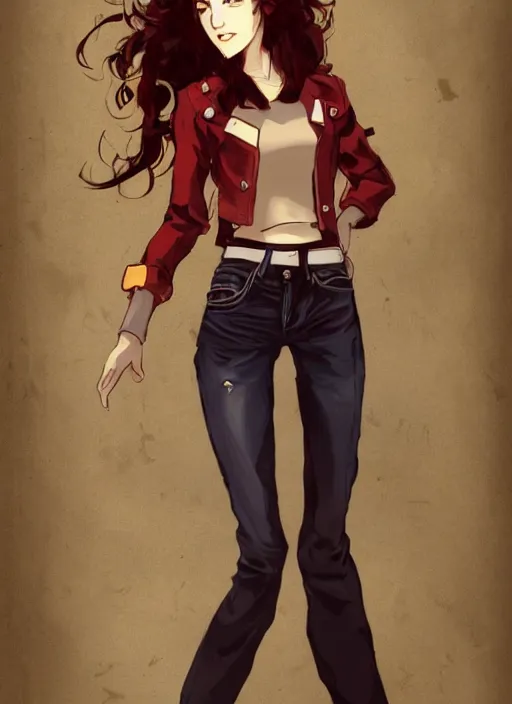 Prompt: full-body shot of an attractive tomboy girl with long, crimson red hair and red eyes, wearing a brown, open jacket and green jeans with a stern look, midriff, concept art, character design, by WLOP, by Ross Draws, by Tomine, by Satoshi Kon, by Rolf Armstrong