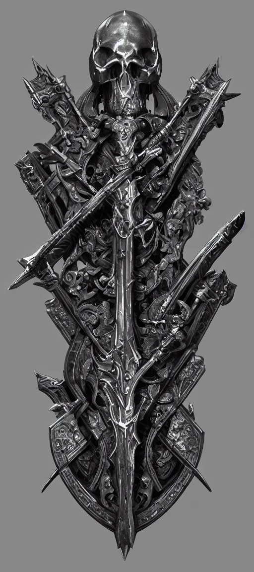 Image similar to a black and silver sword skull crest, orthographic, ornament, weapon, a 2 d render by dom qwek, front side, concept art, trending on polycount, artstation, hard surface modeling, rendered in maya, zbrush, hd, vray, blizzard, symmetry
