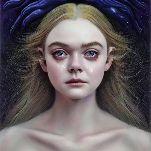 Image similar to professional painting of Elle Fanning in the style of Wayne Barlowe, head and shoulders portrait, symmetrical facial features, smooth, sharp focus, illustration, intricate, stormy weather, extremely detailed masterpiece,