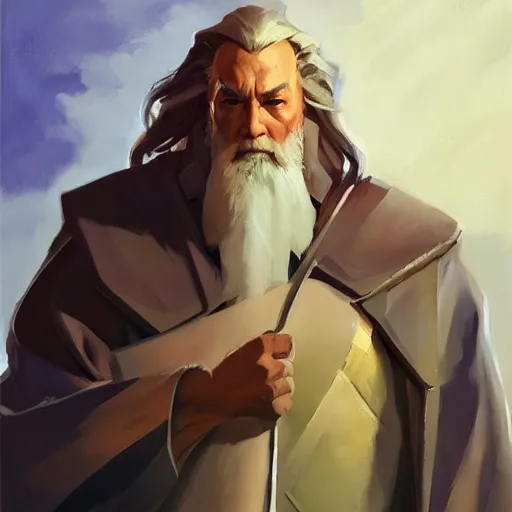 Image similar to greg manchess portrait painting of partially armored albus dumbledore as overwatch character, medium shot, asymmetrical, profile picture, organic painting, sunny day, matte painting, bold shapes, hard edges, street art, trending on artstation, by huang guangjian and gil elvgren and sachin teng