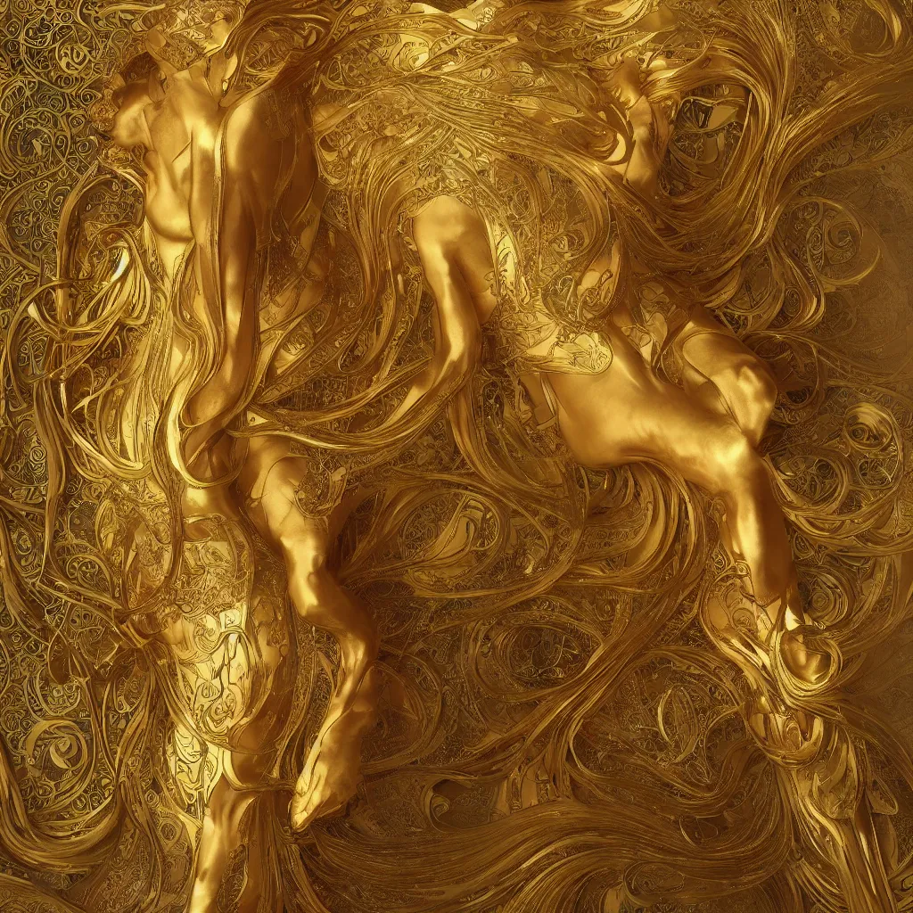 Image similar to human body made of thin golden Art Nouveau, Alphonse Mucha, cinematic realistic photo, octane render