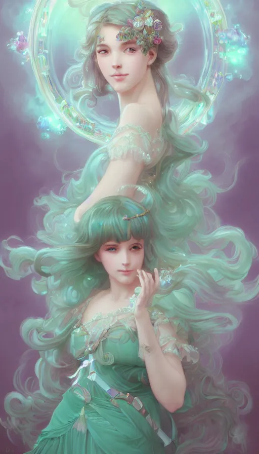 Image similar to portrait of magical girl, dreamy and ethereal, mint green eyes, peaceful expression, ornate frilly dress, fantasy, intricate, elegant, rainbow bubbles, highly detailed, digital painting, artstation, concept art, smooth, sharp focus, illustration, art by artgerm and greg rutkowski and alphonse mucha