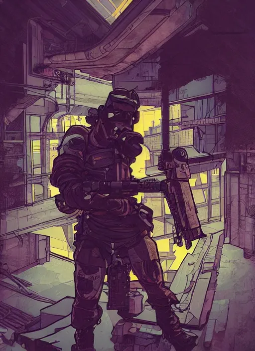 Image similar to hector tanaka. cyberpunk mercenary with scenic background. portrait illustration, pop art, art by ashley wood, alphonse mucha, laurie greasley and josan gonzalez. cinematic. dynamic lighting. realistic proportions. creative design. cell shading