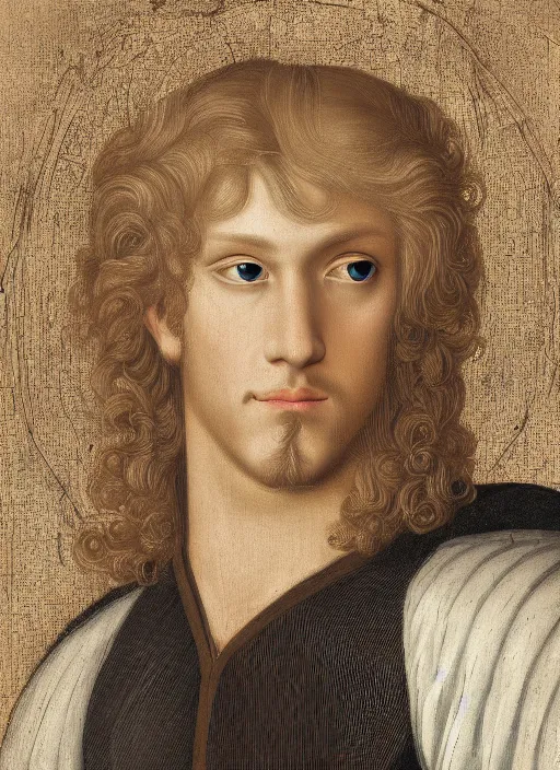 Prompt: portrait of a blond handsome man with long hair in renaissance style, anime inspired, High Res 8K,hyperdetailed