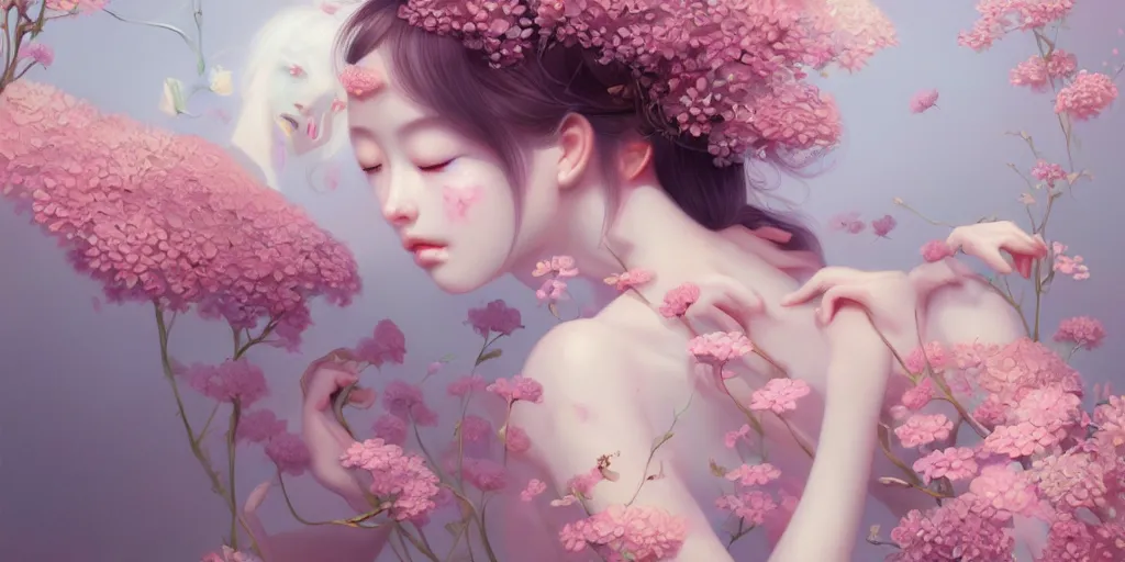 Prompt: breathtaking delicate many detailed concept art with flowers and girls, by hsiao - ron cheng, bizarre compositions, exquisite detail, pastel colors, 8 k