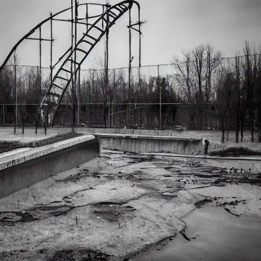 Prompt: a soviet waterpark. flooded, empty, dark abandoned.