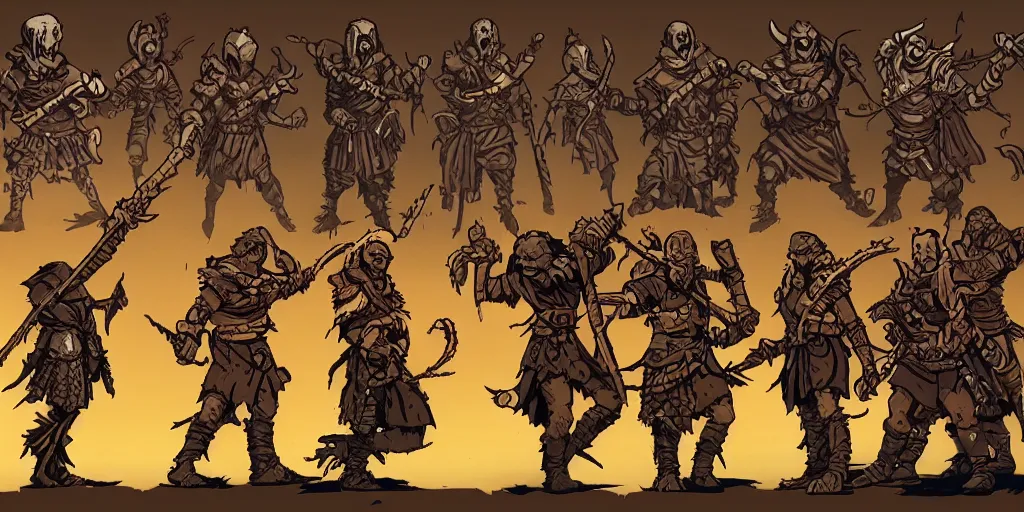 Image similar to warrior enemy character design. idle. attack. sprite sheet, darkest dungeon. pc game. sideview. transparent background. art by moebius and greg rutkowski.