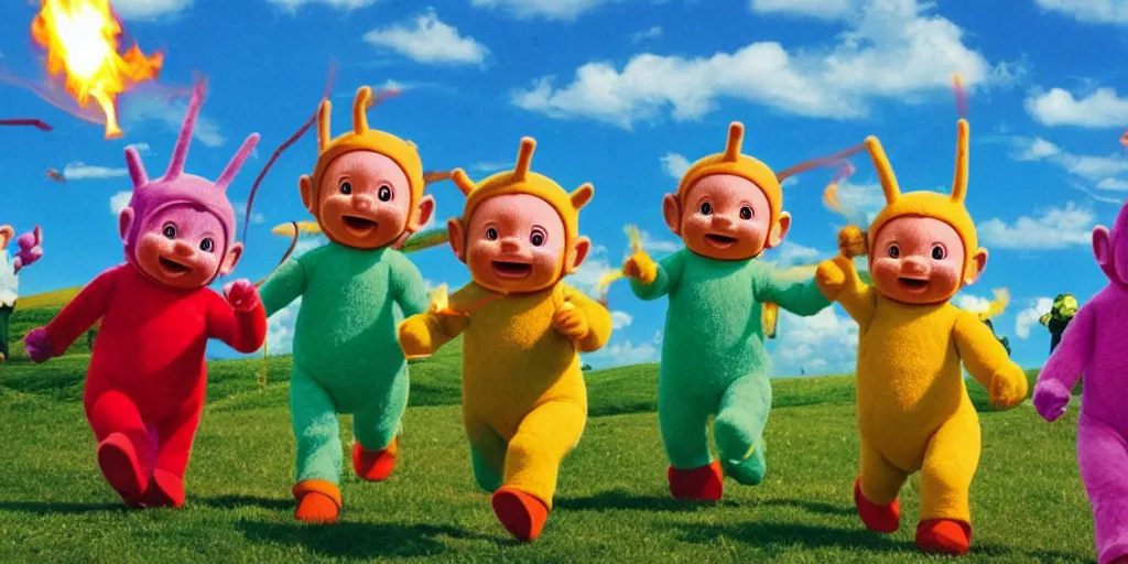 Image similar to teletubbies running on the string destroying everything with a flamethrower.