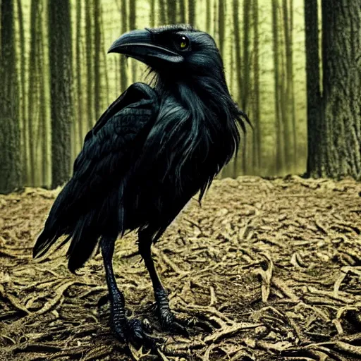 Image similar to werecreature consisting of a crow and a human, photograph captured in a dark forest