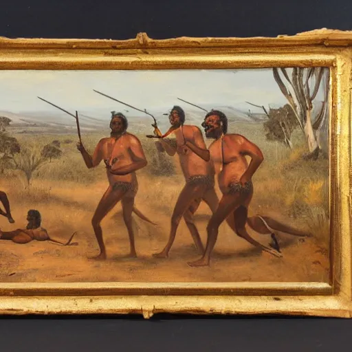 Prompt: a oil painting of aboriginal australians hunting kangaroos