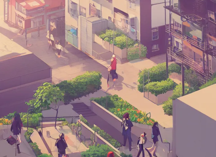 Image similar to digital illustration of walkable suburb with renewable energy, rooftop gardens and beautiful manicured landscaping by makoto shinkai, ilya kuvshinov, lois van baarle, rossdraws, basquiat trending on artstation | warm color scheme