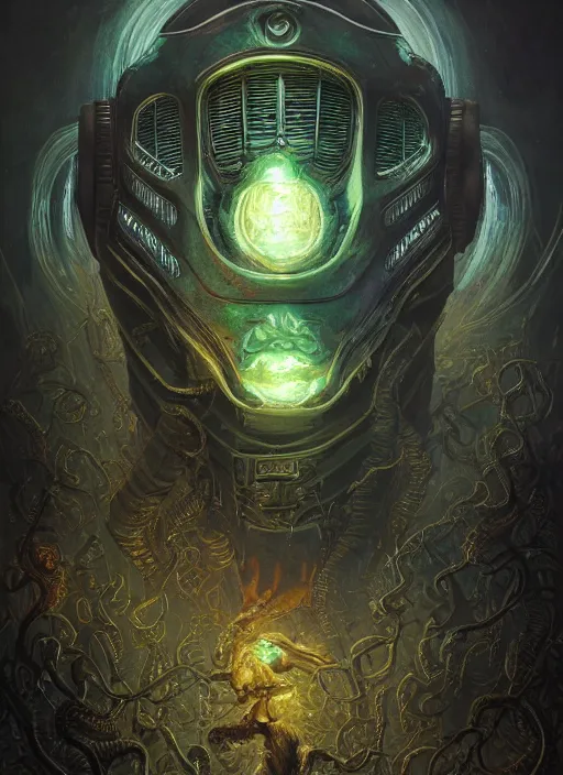 Image similar to dark lovecraft horror machine glowing reptile eyes, daft punk led armor, elegant, highly detailed, centered, digital painting, artstation, concept art, smooth, sharp focus, illustration, artgerm, tomasz alen kopera, peter mohrbacher, donato giancola, joseph christian leyendecker, wlop, frank frazetta