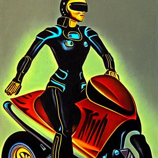 Prompt: painting of a female cop riding a futuristic motorcycle from tron by h. r. giger