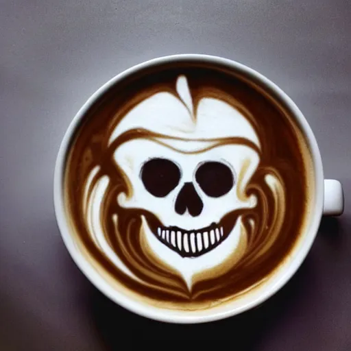 Image similar to skull, latte art, sinister lighting