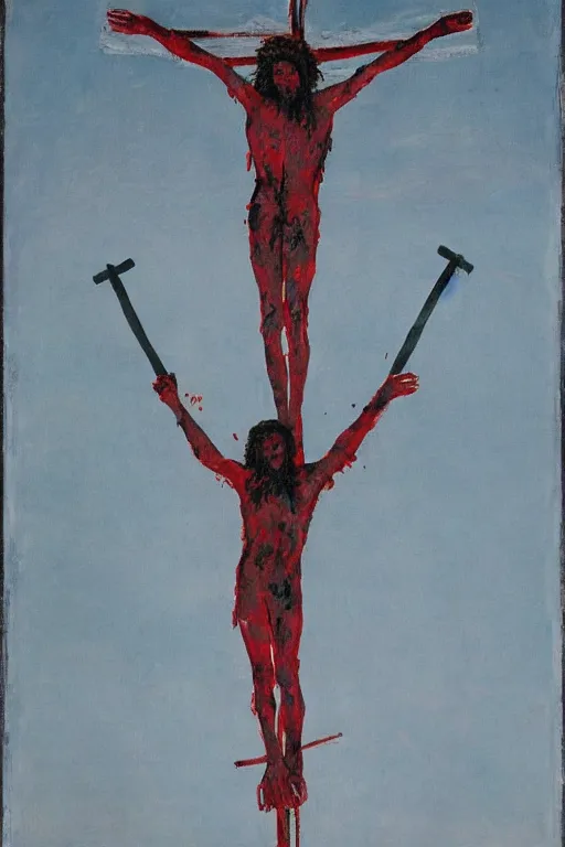 Image similar to bloody christ crucified and some bright ufo in the sky painted by cy twombly and andy warhol