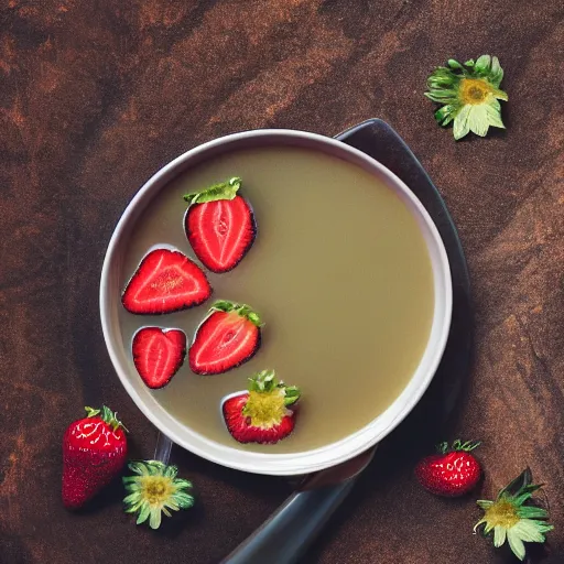 Prompt: soup [ containing strawberries ]!!, trending on unsplash, [ 4 k photorealism ]!!, professional photography, [ overhead view ]!, shot by jimmy nelson