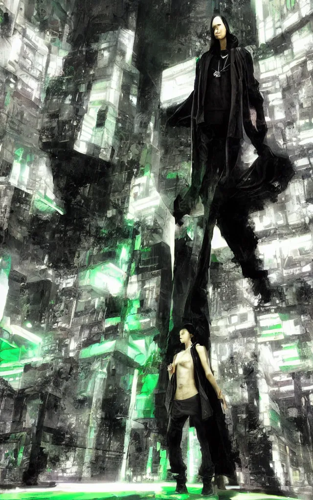 Prompt: stylish villain dressed by rick owens and acronym, standing near a futuristic terminal kiosk in shinjuku, lit by green leds and white neon lights, concept art by craig mullins
