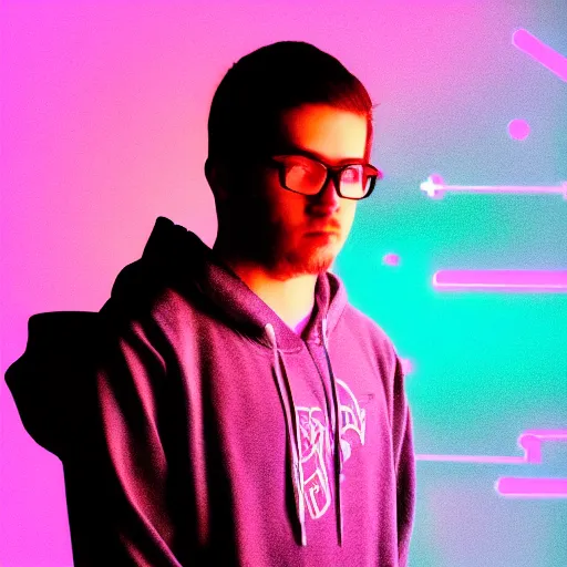 Image similar to bryce wayne in hoodie, portrait, vaporwave, synthwave, neon, vector graphics, cinematic, volumetric lighting, f 8 aperture, cinematic eastman 5 3 8 4 film