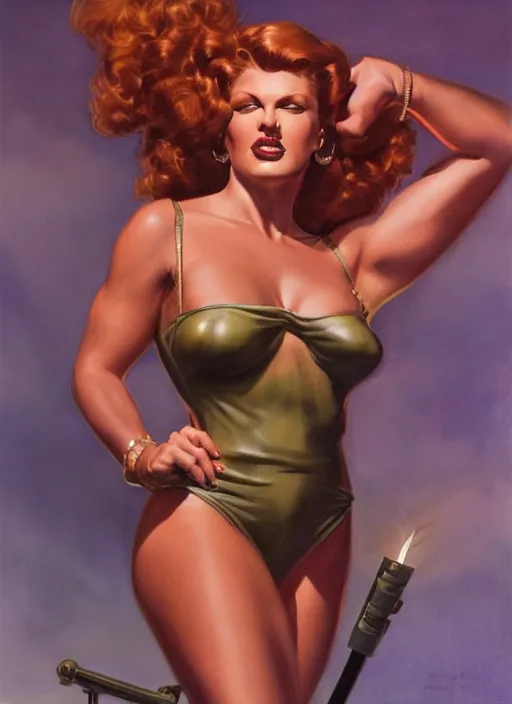 Prompt: Rita Hayworth as a muscled heroine staring into the camera, torch shadows, foggy night, intricate, elegant, highly detailed, Donato Giancola, Joseph Christian Leyendecker, WLOP, Boris Vallejo, Artgerm