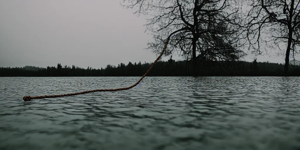 Prompt: symmetrical photograph of an infinitely long rope submerged on the surface of the water, the rope is snaking from the foreground towards the center of the lake, a dark lake on a cloudy day, trees in the background, dreamy kodak color stock, anamorphic lens