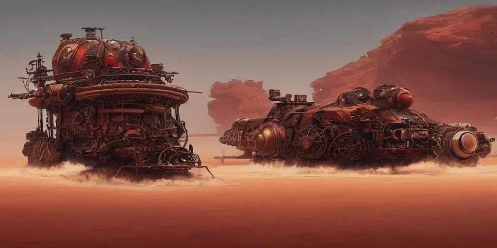 Prompt: steampunk hovercraft speeding across a red desert, greg rutkowski, 8 k, shallow depth of field, intricate detail, concept art,