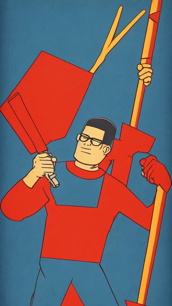 Prompt: Hank Hill holding a hammer and sickle, Soviet propaganda poster, by Mikhail Balhjasnij