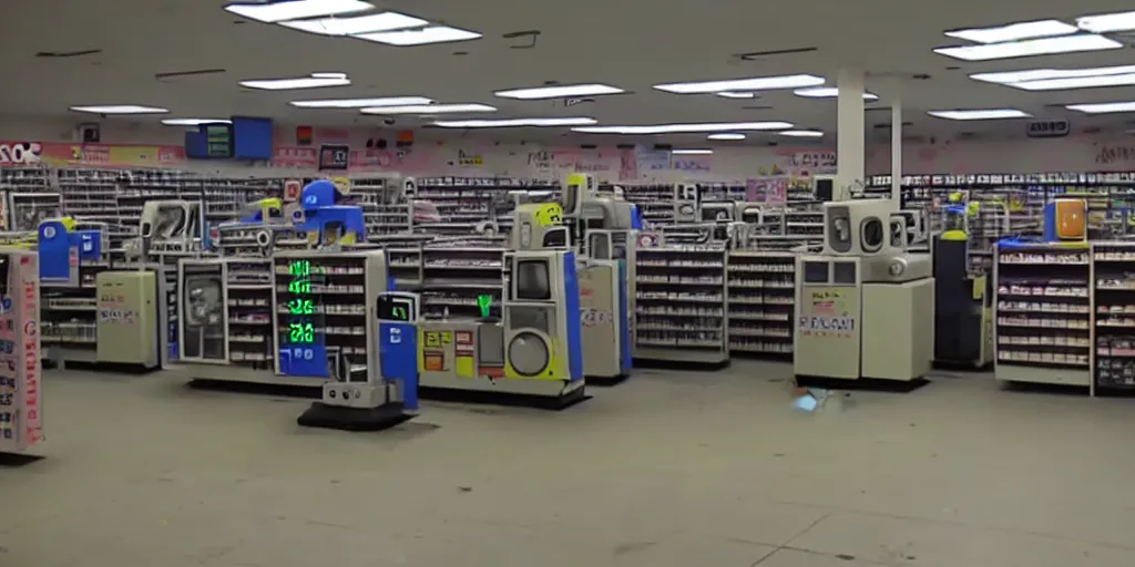 Prompt: abandoned robot android factory in a convenience store, damaged camcorder video