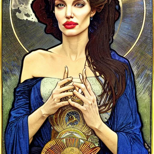 Image similar to angelina jolie portrait by louis - theophile hingre and alphonse mucha, realistic, sharp focus, zodiac signs, tarot cards, planets, ethereal, art nouveau, magic, moon, sun, crown, dreamy, royal, jewellery