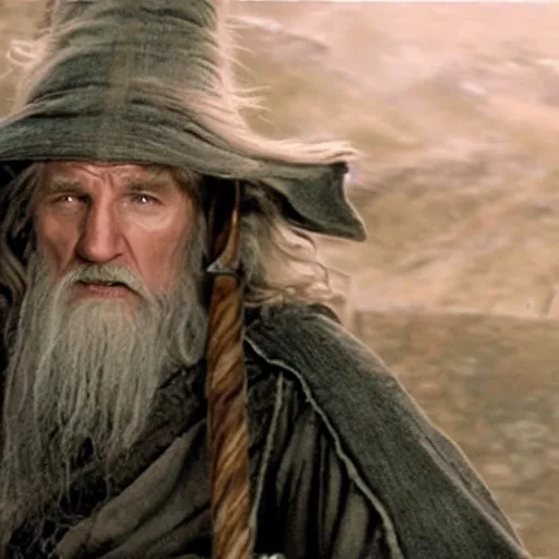 Prompt: Liam Neeson as Gandalf in the fellowship of the ring action sequence battle at Minas Tirith
