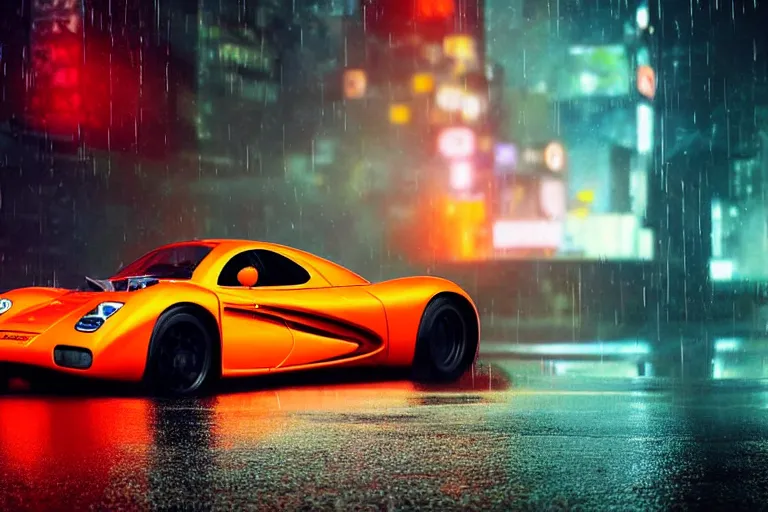 Image similar to a 1 9 3 5 mclaren f 1, speeding down tokyo highway in the rain, night time, neon lights, thunderstorm, movie still from the movie bladerunner 2 0 4 9